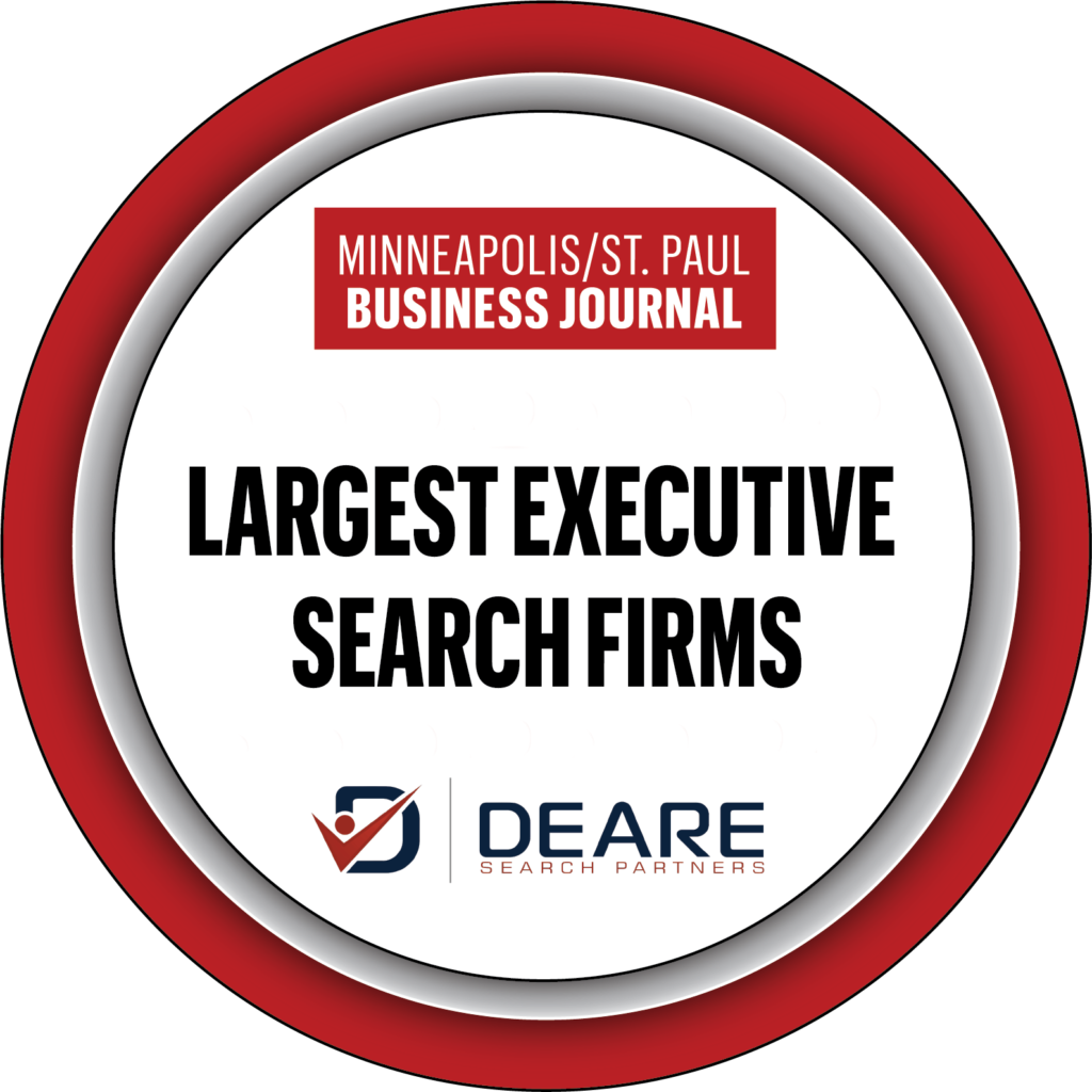 The background image is the Minneapolis St. Paul Business Journal award signature. Deare Search Partners has consistently been recognized as a top MN executive search firm.