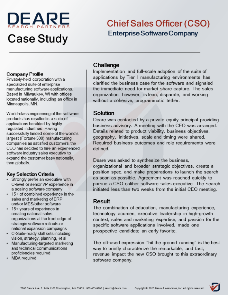 Image of Chief Sales Officer (CSO) case study; an executive search completed by Deare Search Partners in Minneapolis, MN